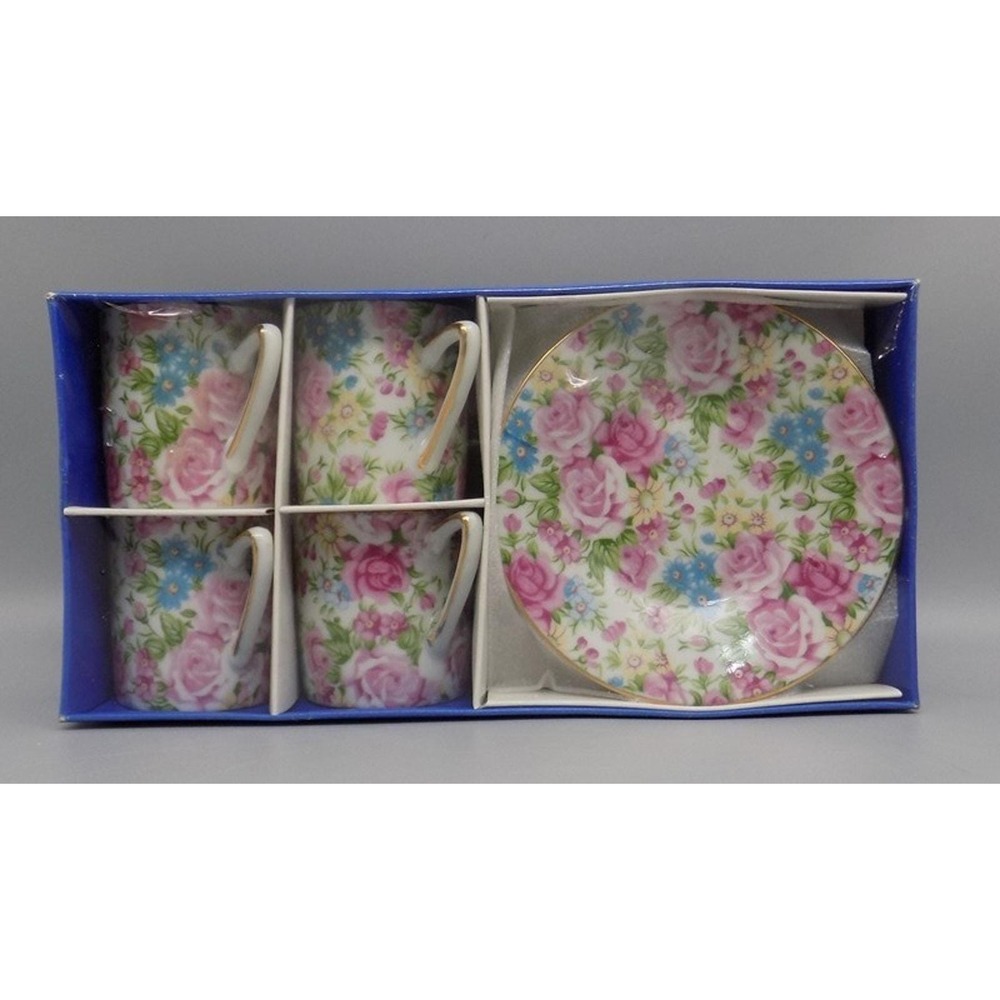 New 4 Chintz Espresso Demitasse Cups & Saucers in Box Set of 4 Roses Floral